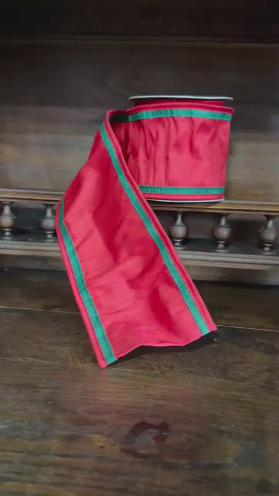 Red Christmas Ribbon, Double Sided Wired Ribbon with Green Edge, Holiday Ribbon for Wreaths, Bows & Gift Wrapping