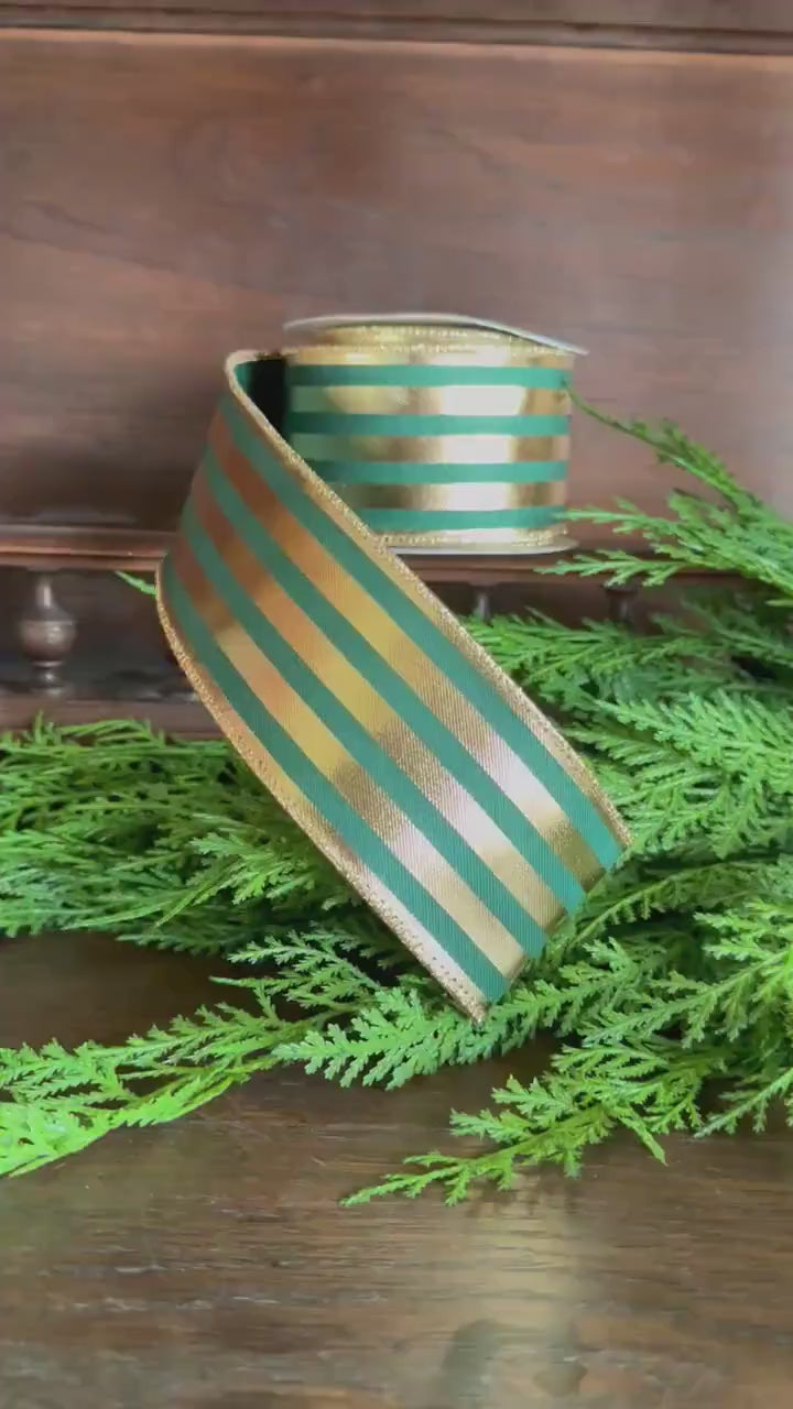 Green and Gold Striped Ribbon Christmas Ribbon Wired Edge ribbon Wreath Ribbon Floral Arrangement Ribbon Gift Wrapping Holiday Decor