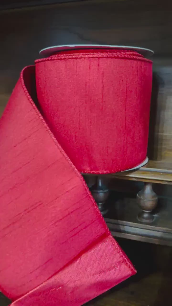 Red Christmas Wired Ribbon, Metallic Edge Ribbon, Luxury Ribbon for Wreaths & Christmas Decor