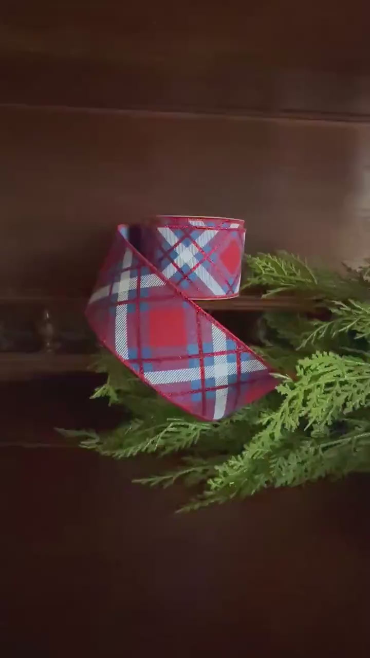 Plaid ribbon, Red White Blue Plaid, Wired Ribbon, 4th of July Decor, Craft Supply, Americana Decor, Summer Ribbon, gift wrapping