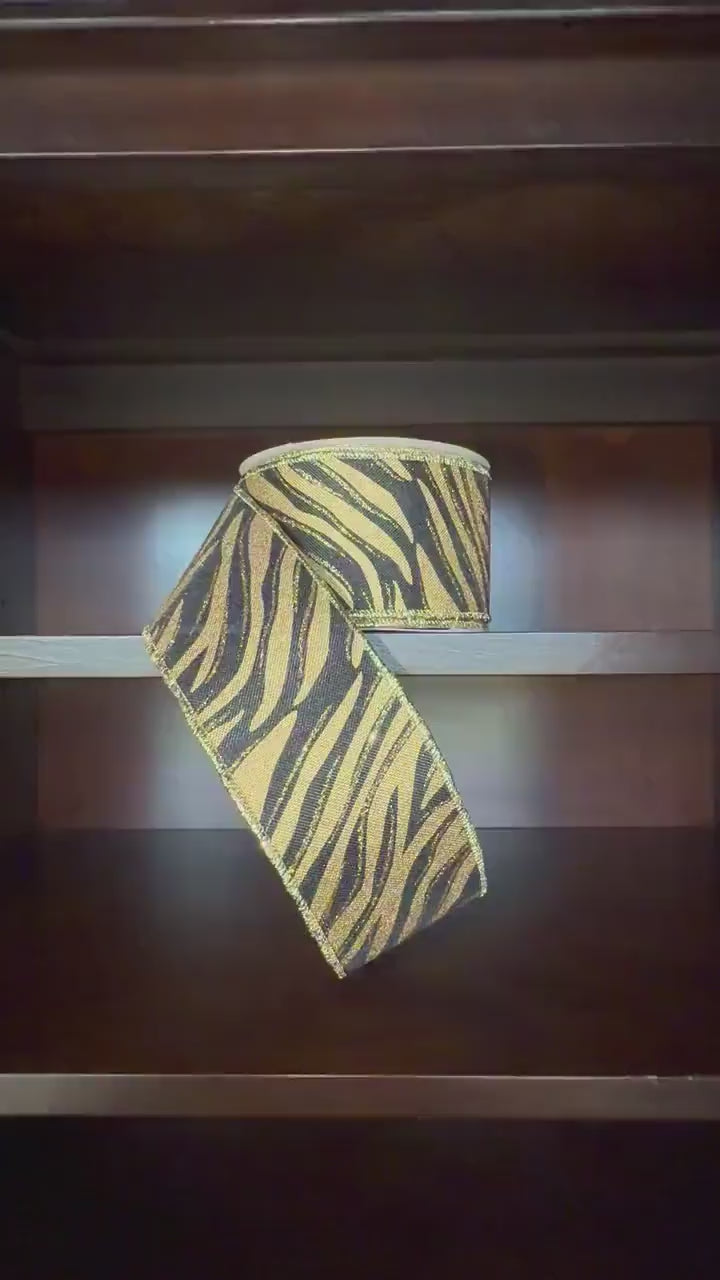 Tiger Print Ribbon Gold Black Wired Edge Ribbon Game Day Ribbon Homecoming Ribbon Football Ribbon Wreath Ribbon 2.5 10 Yard Roll