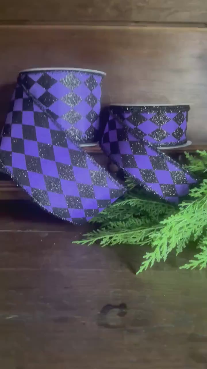 Harlequin Ribbon Purple Black Glitter Wired Edge Ribbon Halloween Decor Mardi Gras Ribbon Wreath Bow Ribbon 10 Yard Roll