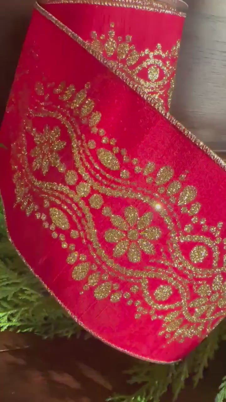 Christmas Wired Ribbon, Red Gold Ribbon, Holiday Ribbon, Designer Ribbon Luxury Ribbon Wreath Ribbon Bow Making Ribbon Wide Ribbon