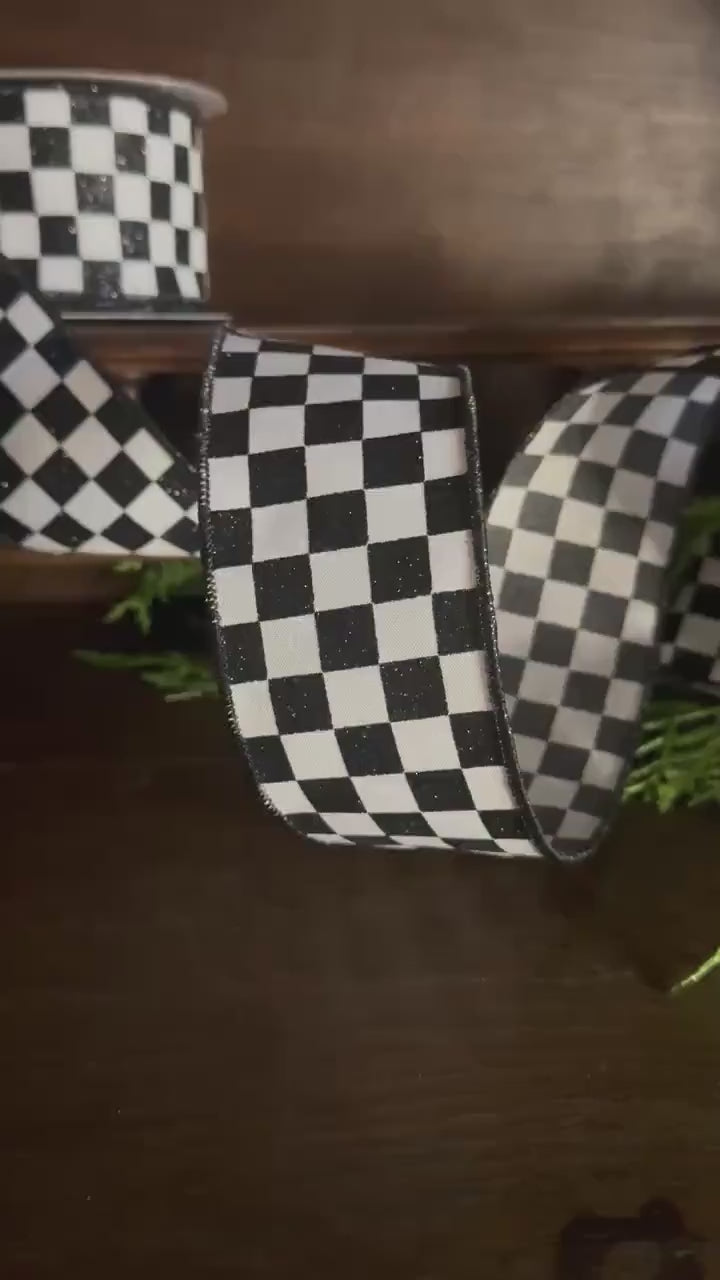 Black and White Checkered Wired Ribbon Craft Supply for Wreath Making Party Supply Halloween Decor Glitter Ribbon