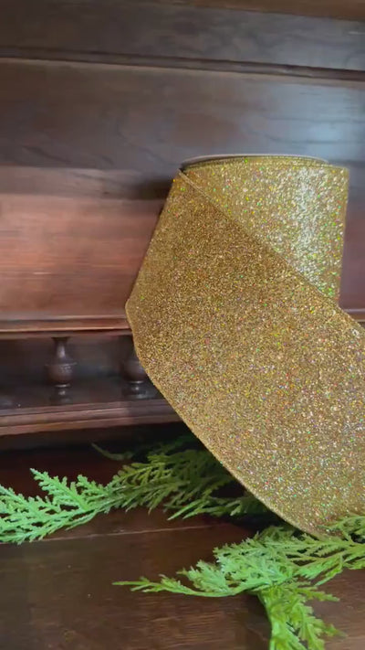 Gold Glitter Ribbon with Gold Edge Wired Ribbon for Christmas Ribbon Mardi Gras Holiday Decor Wreath Ribbon Christmas Gift Wrapping