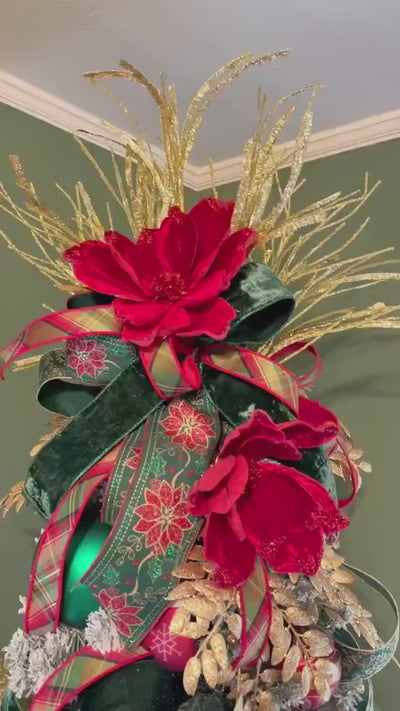 Christmas Ribbon, Glitter Poinsettia Wired Ribbon, Holiday Ribbon for Wreaths, Christmas Tree Ribbon, Gift Wrapping, Red Ribbon