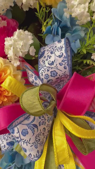 Blue Chinoiserie Floral Ribbon Wired Edge Designer Ribbon Blue and White Ribbon Wreath Bow Ribbon Craft Ribbon