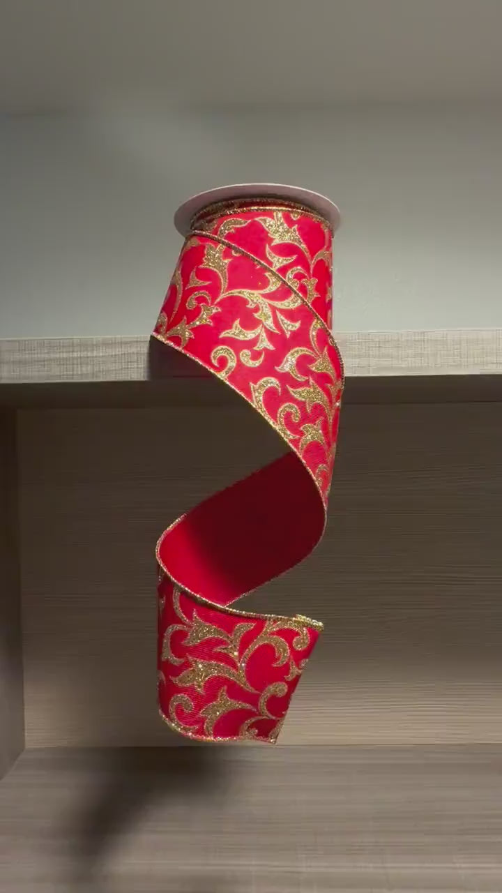 Red and Gold Christmas Ribbon Wired Edge Ribbon Glitter Scroll Ribbon Holiday Ribbon Wreath Ribbon Bow Making Ribbon 2.5 inches 10 Yard Roll