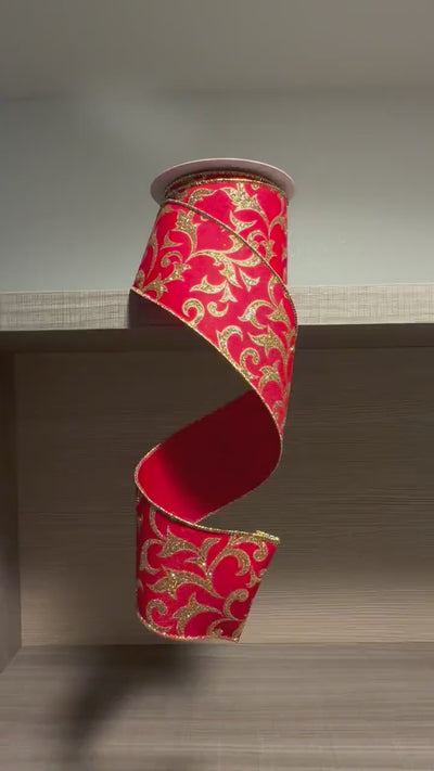 Red and Gold Christmas Ribbon Wired Edge Ribbon Glitter Scroll Ribbon Holiday Ribbon Wreath Ribbon Bow Making Ribbon 2.5 inches 10 Yard Roll