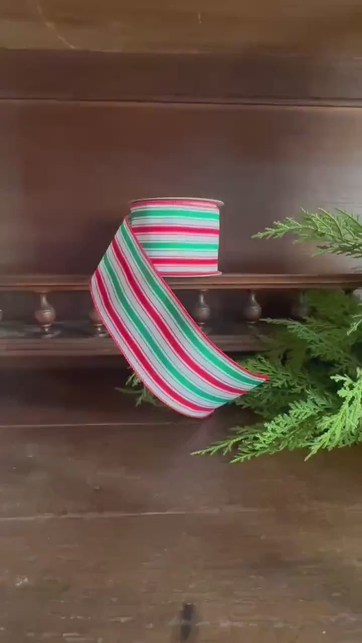Red Green Stripe Wired Ribbon Candy Stripe Ribbon for Wreath Bows Watermelon Summer Christmas Ribbon