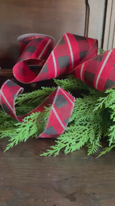 Buffalo Plaid Ribbon Metallic Trim for Christmas Wreath Bows, Gift Wrap Accent (10 Yards)