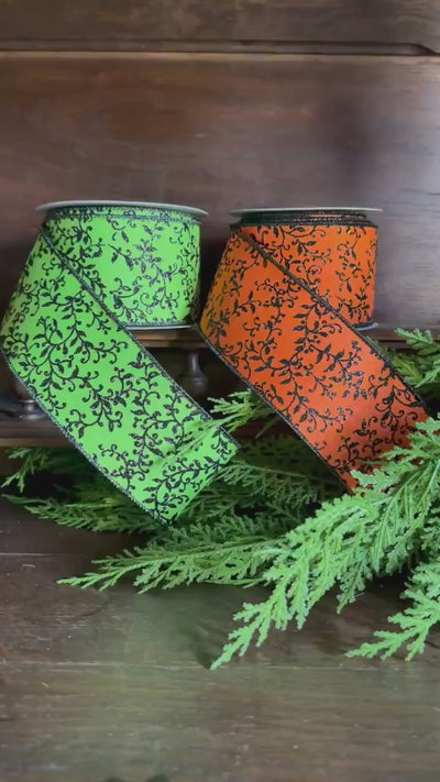 Halloween Wreath Ribbon, Halloween Wired Ribbon, Green Black Leaf Ribbon, Witch Decor Bow Ribbon, Spooky Halloween Decor, Craft Supply