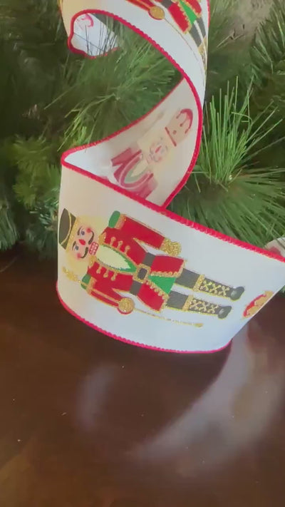 Nutcracker Christmas Ribbon, Wired Holiday Ribbon for Wreaths, Gift Wrapping, Christmas Decor & Bow Making