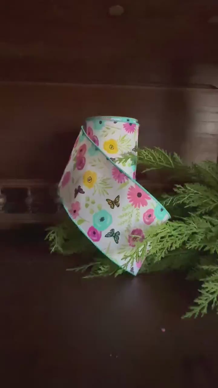 Floral Wired Ribbon Wildflower Ribbon with Greenery Butterflies for Wreaths Bows Craft Gift Wrapping Spring Summer Home Decor Spring Ribbon