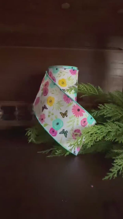 Floral Wired Ribbon Wildflower Ribbon with Greenery Butterflies for Wreaths Bows Craft Gift Wrapping Spring Summer Home Decor Spring Ribbon
