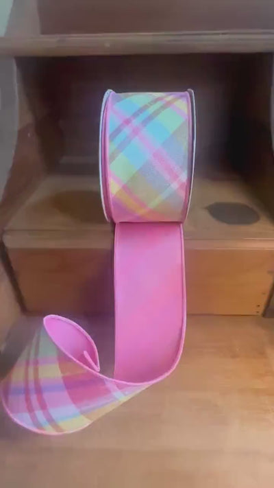 Pastel Plaid Wired Ribbon Diagonal Spring Easter Ribbon Pink Green Faux Dupioni Style Wreath Bow Craft Ribbon Spring Ribbon Summer Ribbon