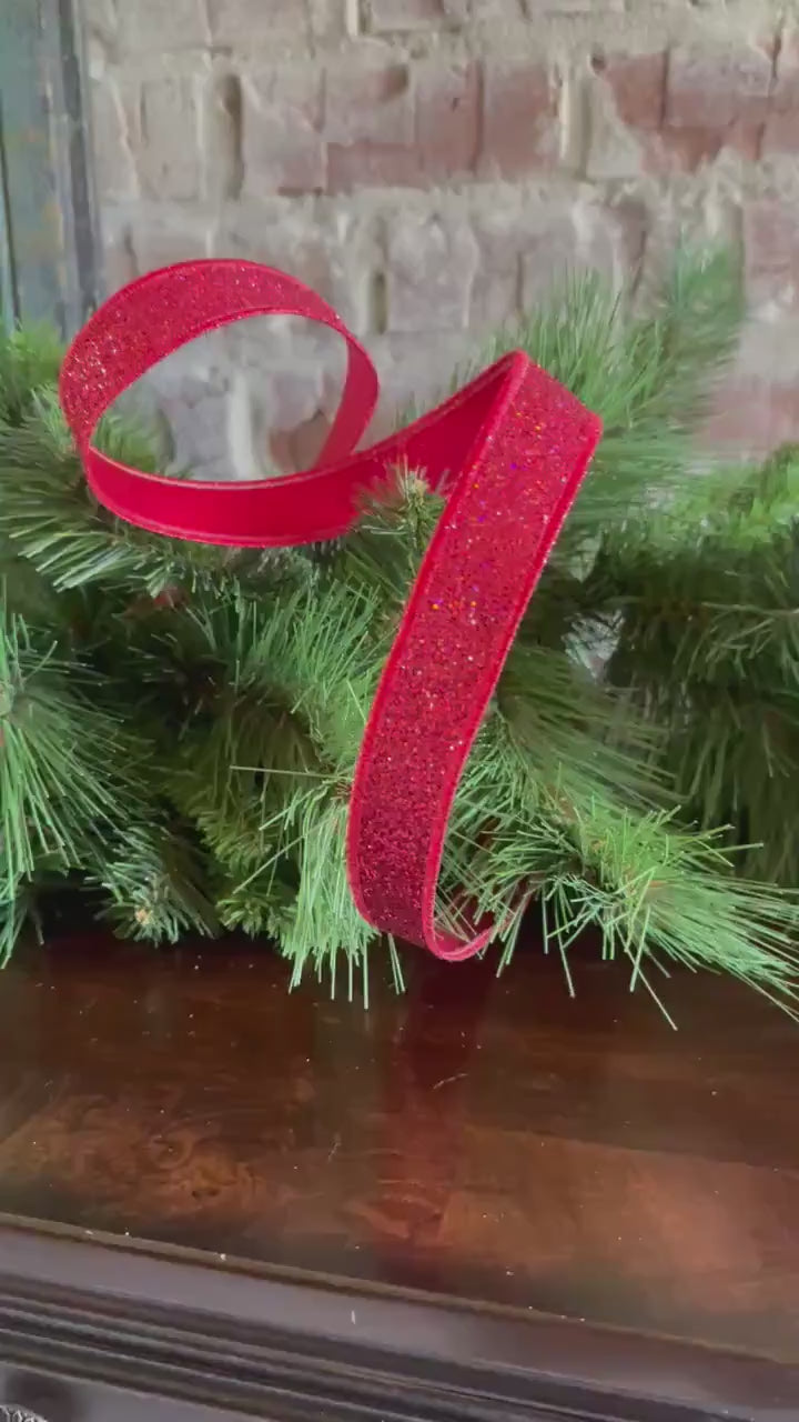 Red Glitter Fused Ribbon Wired Edge Valentine Ribbon Craft Ribbon for Wreaths Bows Gift Wrap Patriotic Ribbon 7/8 inch