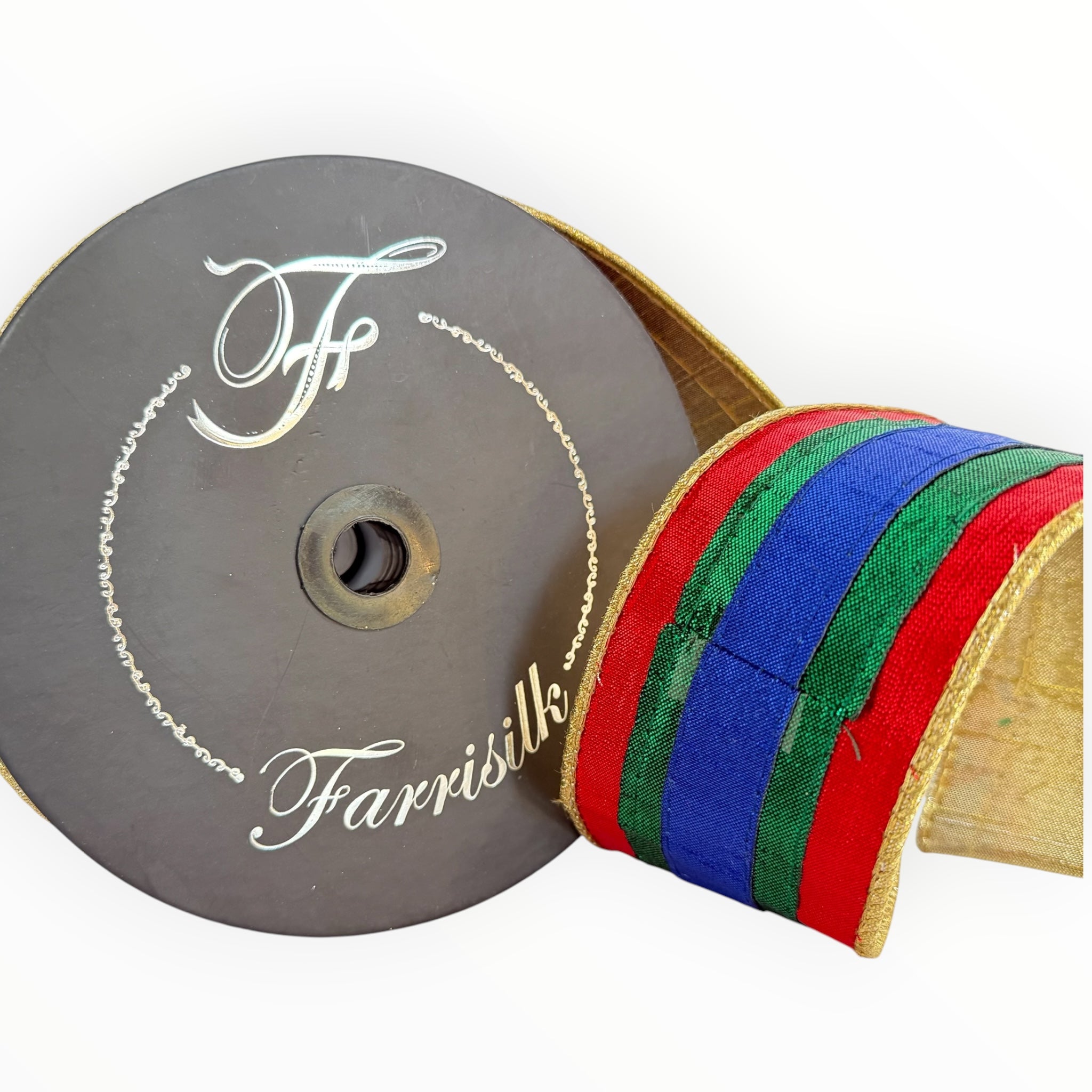 Multicolor Striped Christmas Wired Ribbon with Gold Reverse
