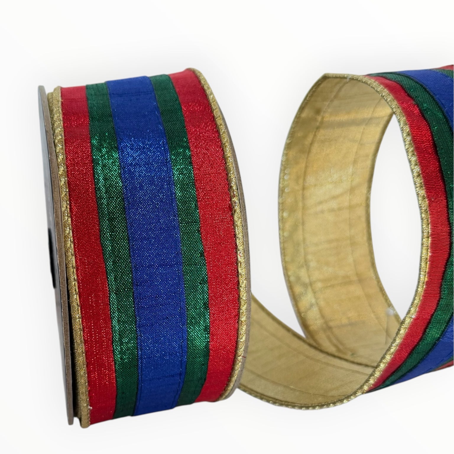Multicolor Striped Christmas Wired Ribbon with Gold Reverse