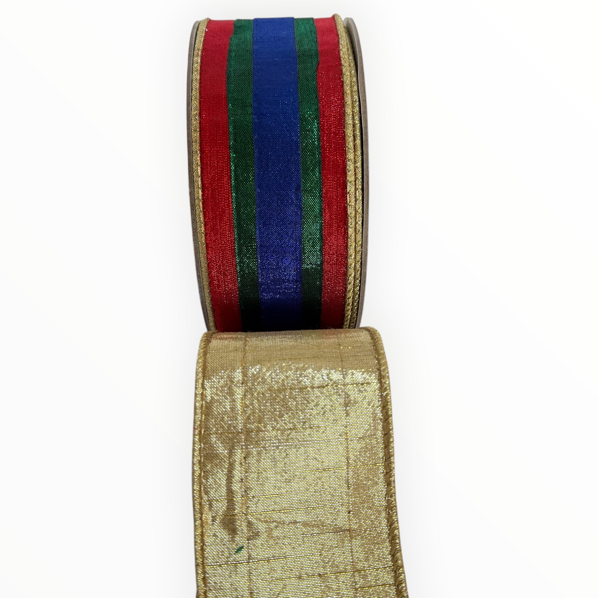 Multicolor Striped Christmas Wired Ribbon with Gold Reverse