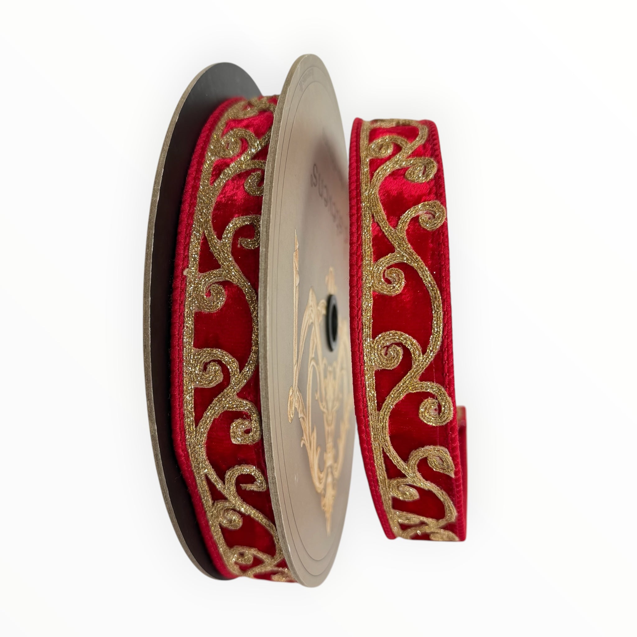 Christmas Wired Ribbon Red Gold Scroll Wreath Ribbon Holiday Decor | D. Stevens